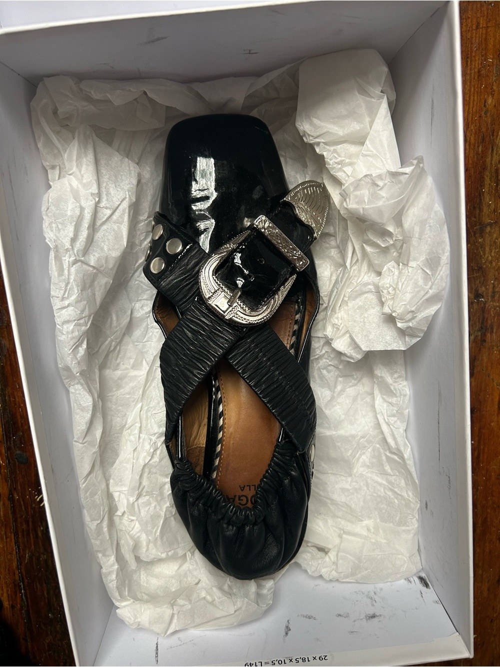 TOGA Pulla Black Patent & Leather Cross-Strap Flats with Silver Buckle